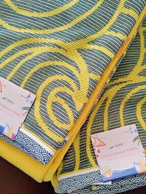 Pair Trident Fouta Beach Towel Yellow Orange Sun Waves 100% Cotton NWT 40"x72"